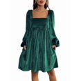 thumbnail image 2 of Women'S Loose Fit Square Neck Long Sleeve Velvet Mini Babydoll Dresses Shift Dress Dark Green M, 2 of 9