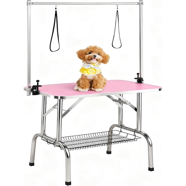 Yeshouse Mesa de aseo para perros plegable y ajustable: estación de aseo para mascotas con brazo, soporte y estante de almacenamiento, estructura de acero inoxidable resistente
