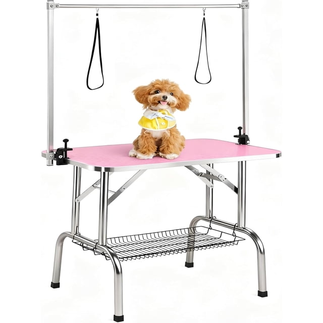 Yiwa Adjustable Folding Dog Grooming Table, Professional Pet Grooming Station Featuring Strong Stainless Steel Frame, Grooming Arm, Noose, and Storage Shelf