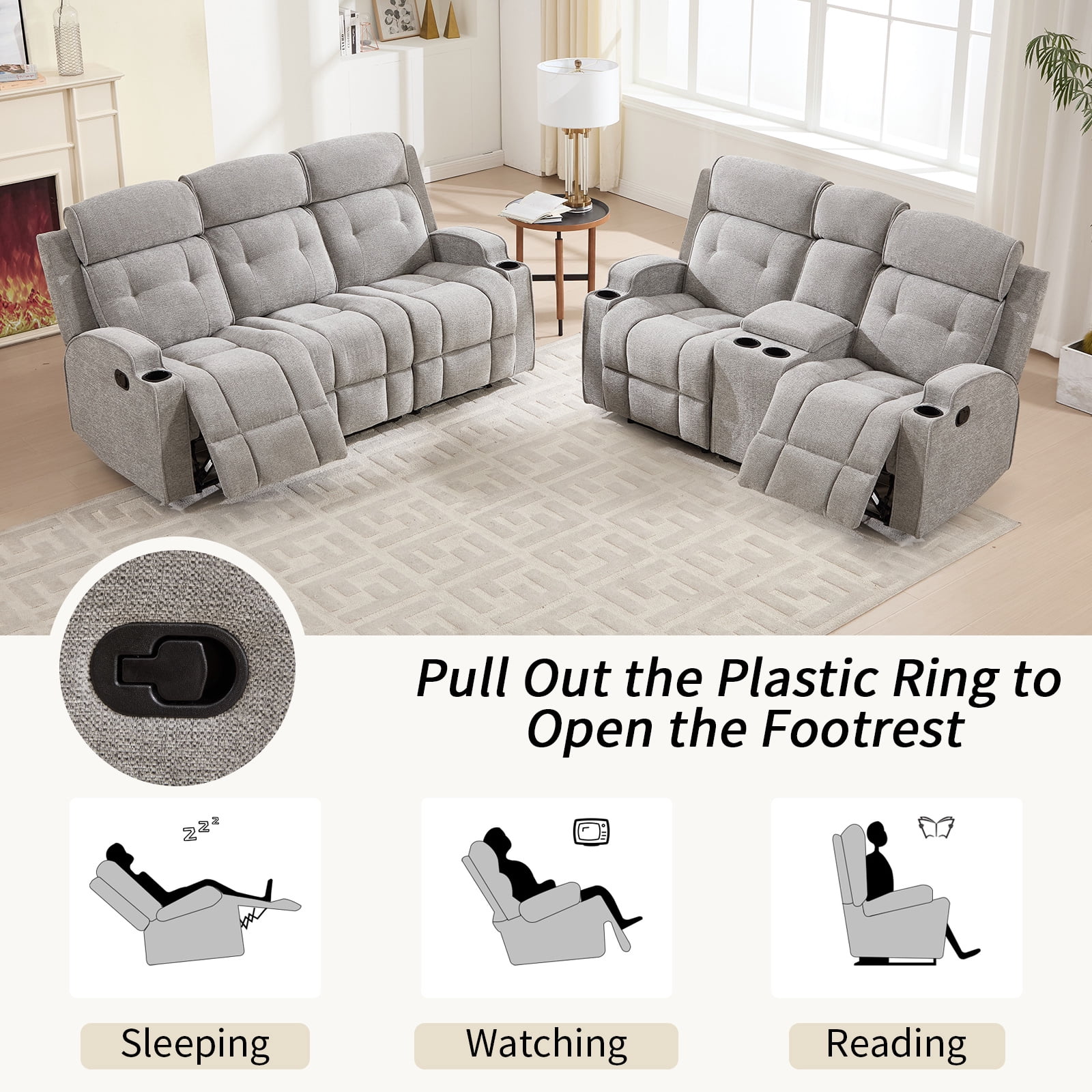 Bonzy Home Manual Recliner Sofa Set – Fabric Loveseat & 3-Seat Reclining Sofa for Living Room