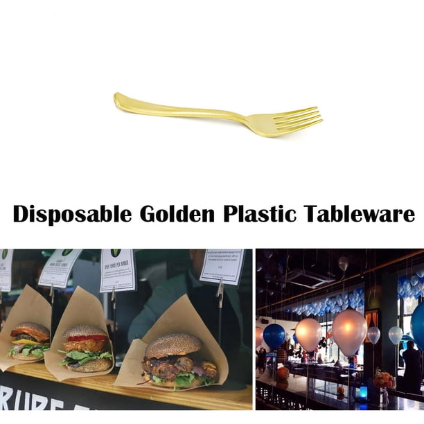XWSHYW Horquillas Vajilla Desechable de Plástico de Color Dorado, Juego de Tenedor, Cuchara, 25 Piezas, Fiesta Caliente