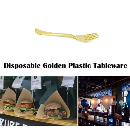 

Pkeoh Kitchen Dinnerware Sets Disposable Gold Color Plastic Tableware Cutlery Spoon Fork Set 25Pc Hot Party