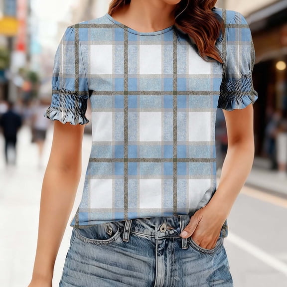 Echfiprom Sky Blue Tops for Women Puff Sleeve Elegant Plaid Soft Loose Crew Neck Summer Womens T Shirts
