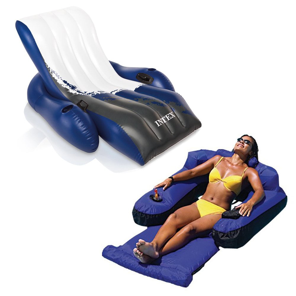 Pool Float Lounge Floating Swimming Lounger With Headrest Cup Holder Inflatable 