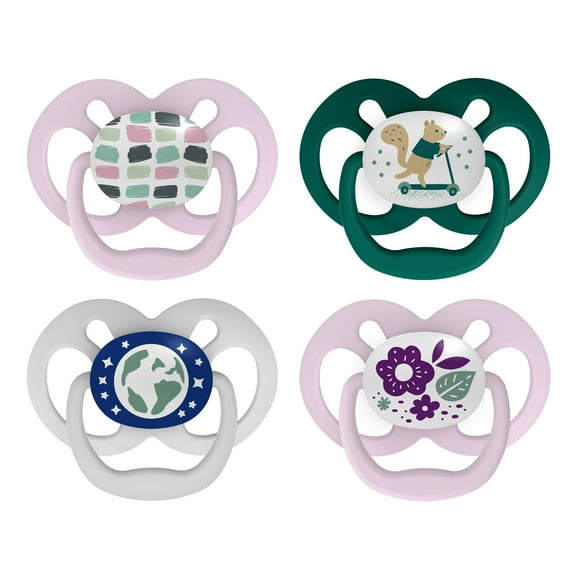 Dr. Brown's Advantage Baby Pacifier, Fully Symmetrical, Silicone Bulb, 6-18m, BPA Free, Squirrel/Glow, 4 Pack