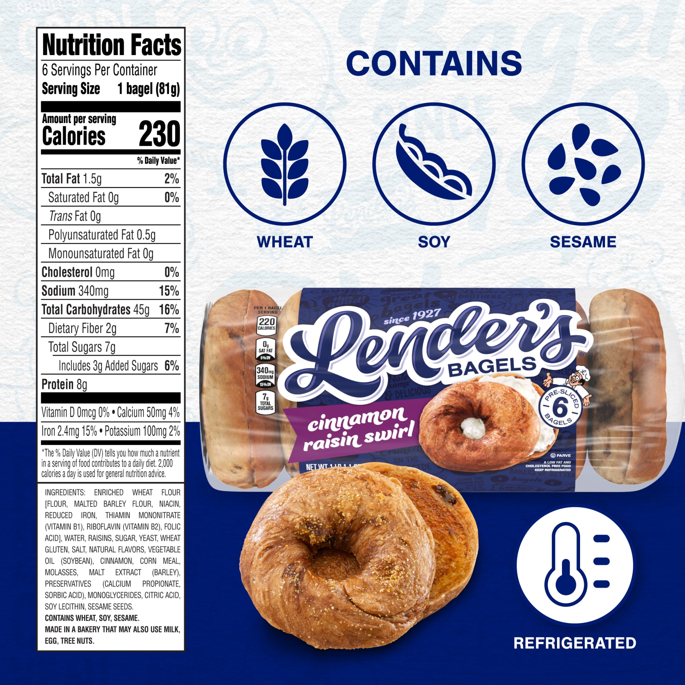 Lender's Original Cinnamon Raisin Bagels, 6 count, Pre-sliced Bagels, 17.1 oz Bag