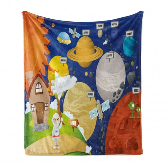 Educational Soft Flannel Fleece Throw Blanket, Cartoon Style Planet System and Astronaut in Outer Space Galactic Adventure, Cozy Plush for Indoor and Outdoor Use, 60" x 80", Multicolor, by Ambesonne