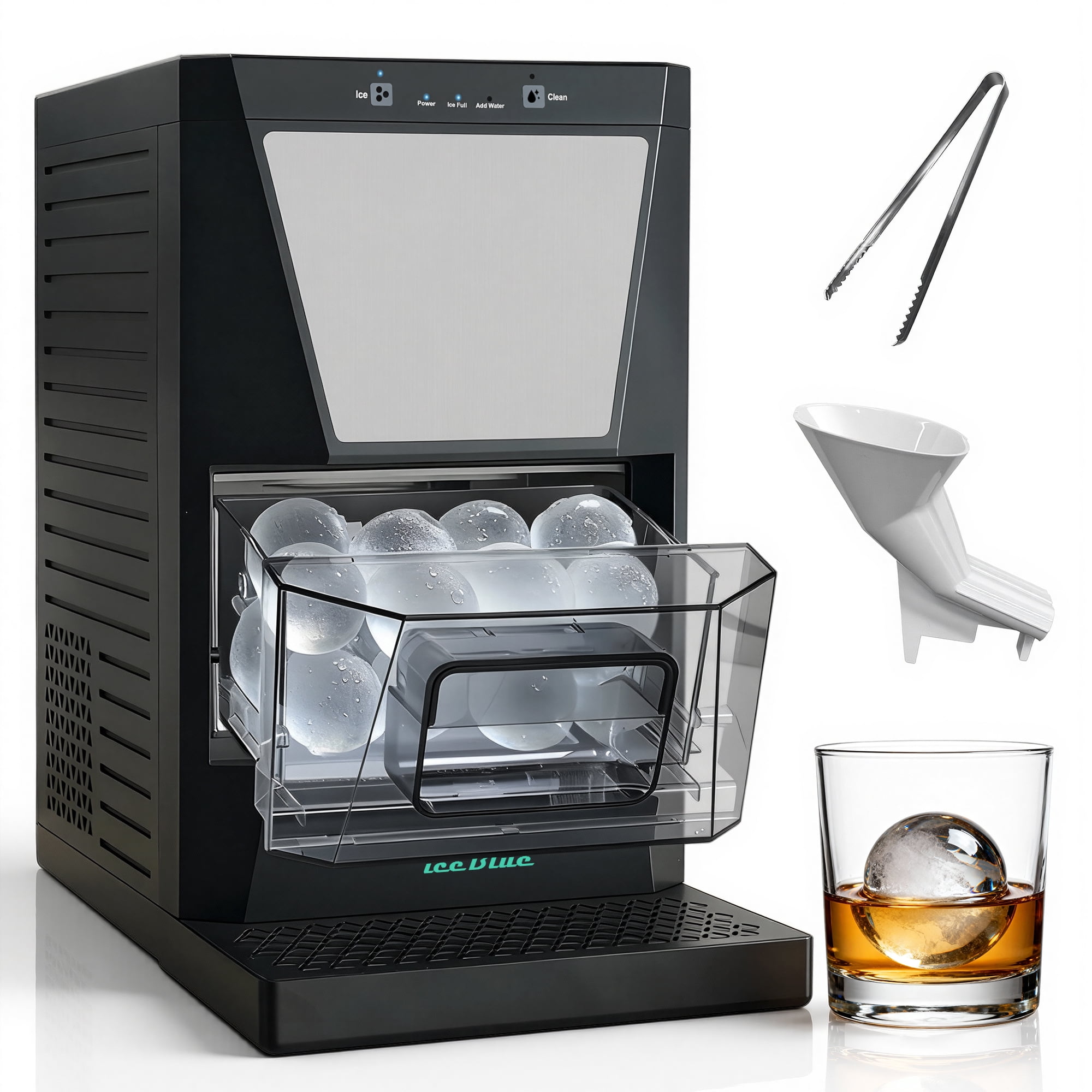 iceBlue Sphere Ice Maker Machine with Ice Tong & Self-Clean, 46 Pcs/24h, Ice Ball Maker for Home/Bar/Party, Black