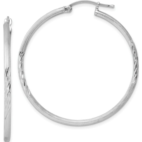 Sterling Silver Rhodium-Plated 2mm Polished/Satin Diamond-Cut Hoop Earrings (43 X 41) Made In Mexico qe4421