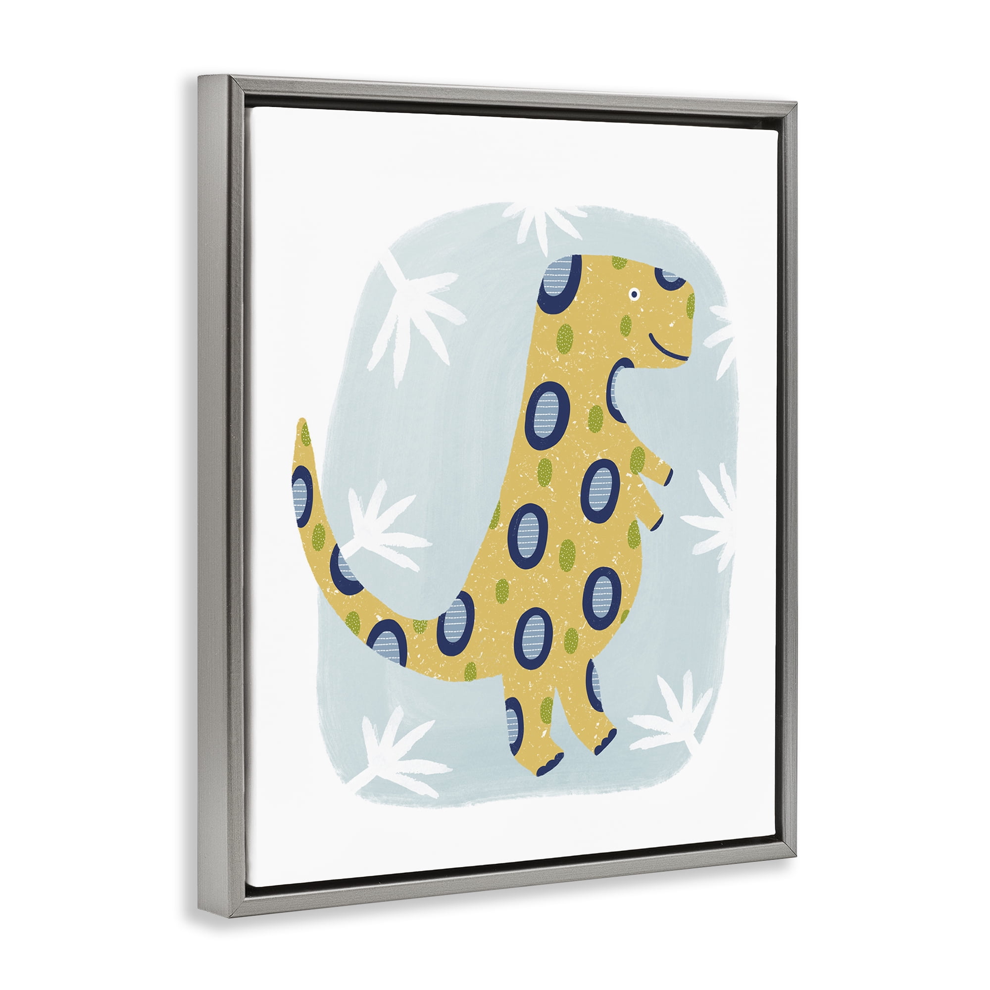 Stupell Industries T-Rex with Leaves Animals & Insects Painting Gray Floater Framed Art Print Wall Art, 17 x 21