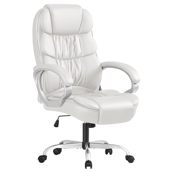 Leather High Back Office Chair Ergonomic Executive Office Chair Swivel Computer Desk Chair Lumbar Support Soft Cushioned Padded Arms (White)