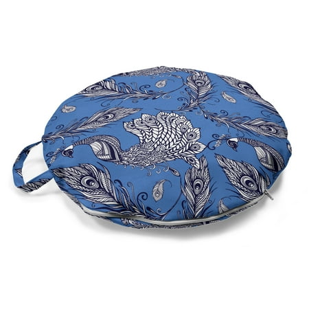 

Peacock Round Floor Cushion with Handle Monochromatic Pattern of Zentangle Style Bird and Feathers Decorative Pillow for Living Room & Dorms 18 Round Azure Blue Indigo by Ambesonne