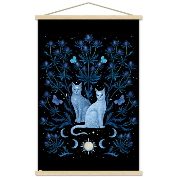 Episodic Drawing - Blue Thistle And Cat Wall Poster with Magnetic Frame, 22.375" x 34"