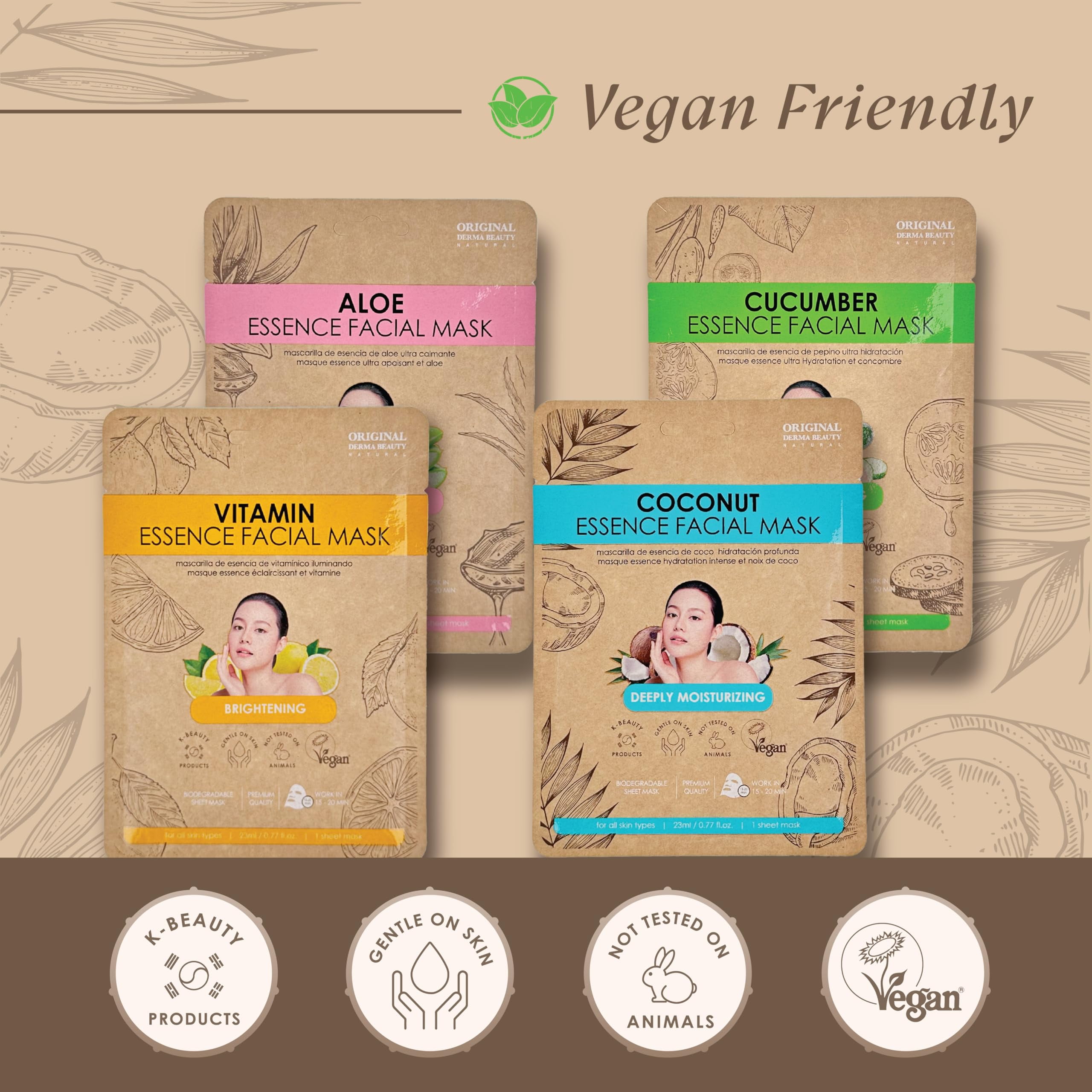 ORIGINAL DERMA BEAUTY 36 PK Vegan Face Masks for Skincare - Hydrating Facial Sheet Mask Korean Skin Care (36PK Cucumber)