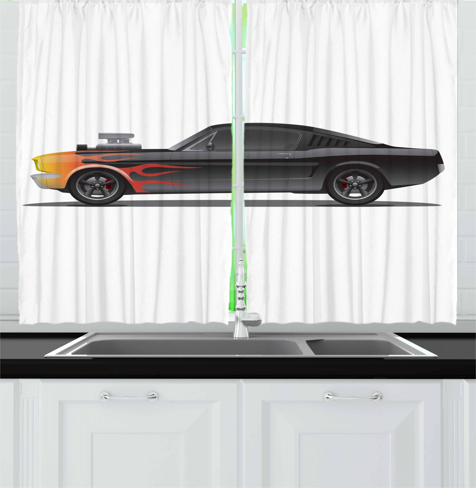 Cars Kitchen Curtains, Custom Design Muscle Car with Supercharger and