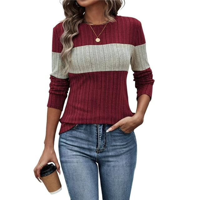 Blusas de Larga con Bloques de Color para Mujer, Conjuntos de Otoño, Suéteres de Invierno y Moda de Principios de Otoño. Vino Tinto L