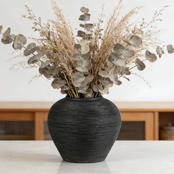 Black Vintage Farmhouse Ceramic Vase,6.8 Inch Tall Decorative Rustic Vase for Living Room