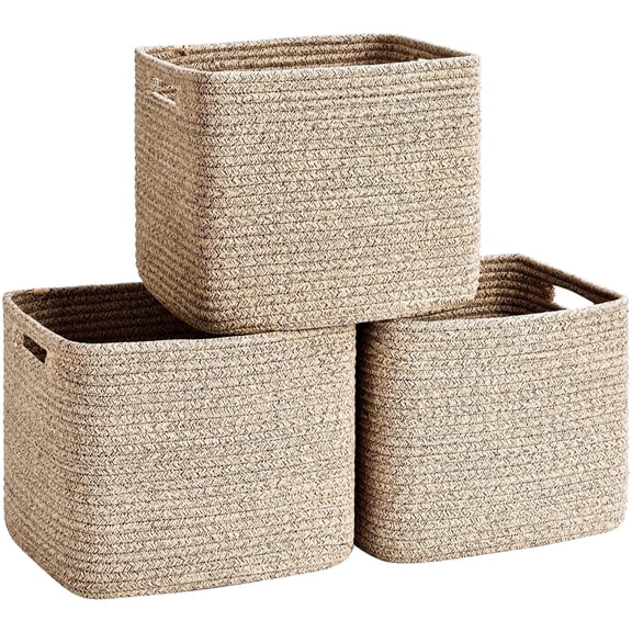 Natubeau 3 Pack Woven Storage Basket, 9"x9"x7" Cotton Rope Woven Baskets for Organizing, Cube Storage Bins for Shelves, Jute Color