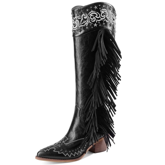 RONILURN Women's Western Fringe Knee High Cowboy Boots Embroidered Studded Pointed Toe Chunky Heel Booties