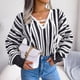 thumbnail image 2 of Mujeres V Masajeadores de cuello Cruz tie suéter casual elegante puff manga colorblock rayas punto Tops, 2 of 7