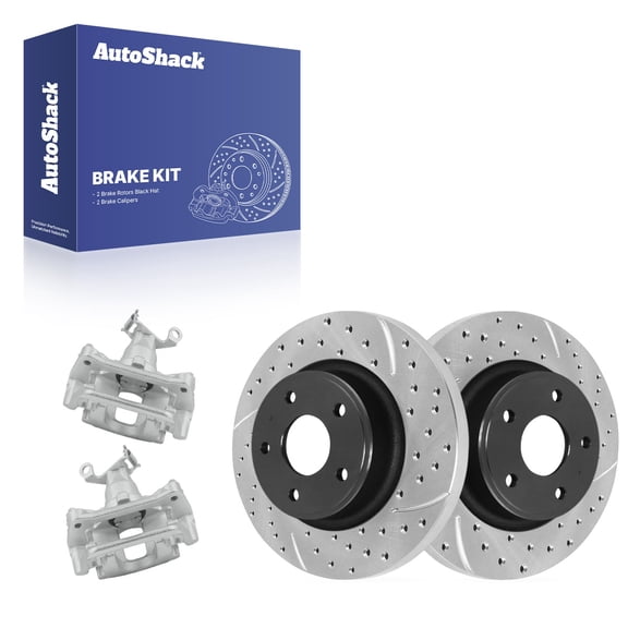 AutoShack Rear Solid Drilled & Slotted E-Coated Brake Rotors   Calipers 4-PC Brake Kit Replacement for 2012-2020 Dodge Journey ShadowGuard 12.91" (328 mm)