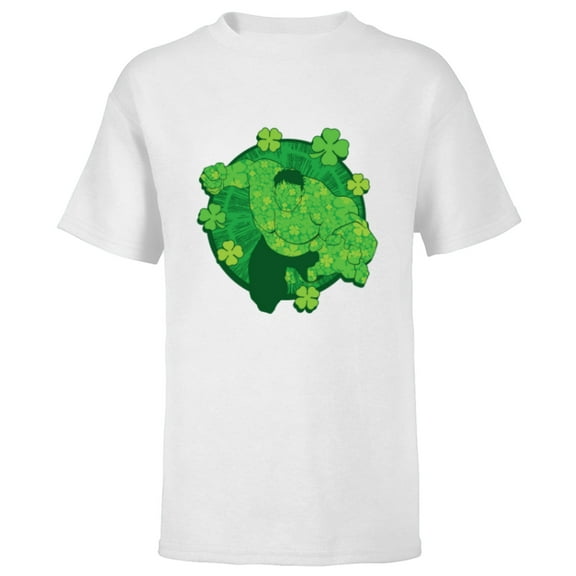 Marvel Hulk Outline Four-Leaf Clovers Green St Patrickās Day - Short Sleeve T-Shirt for Kids - Customized-White