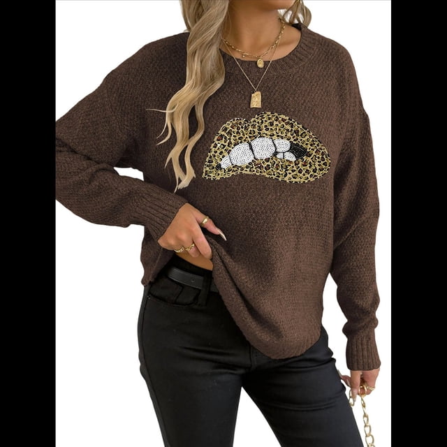 Suéter de Cuello Redondo Personalizado con Estampado de Leopardo y Labios Bordados para Mujer Café M