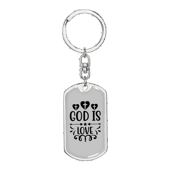 God Is Love Cross Christian Stainless Steel or 18k Gold Premium Swivel Dog Tag Keychain