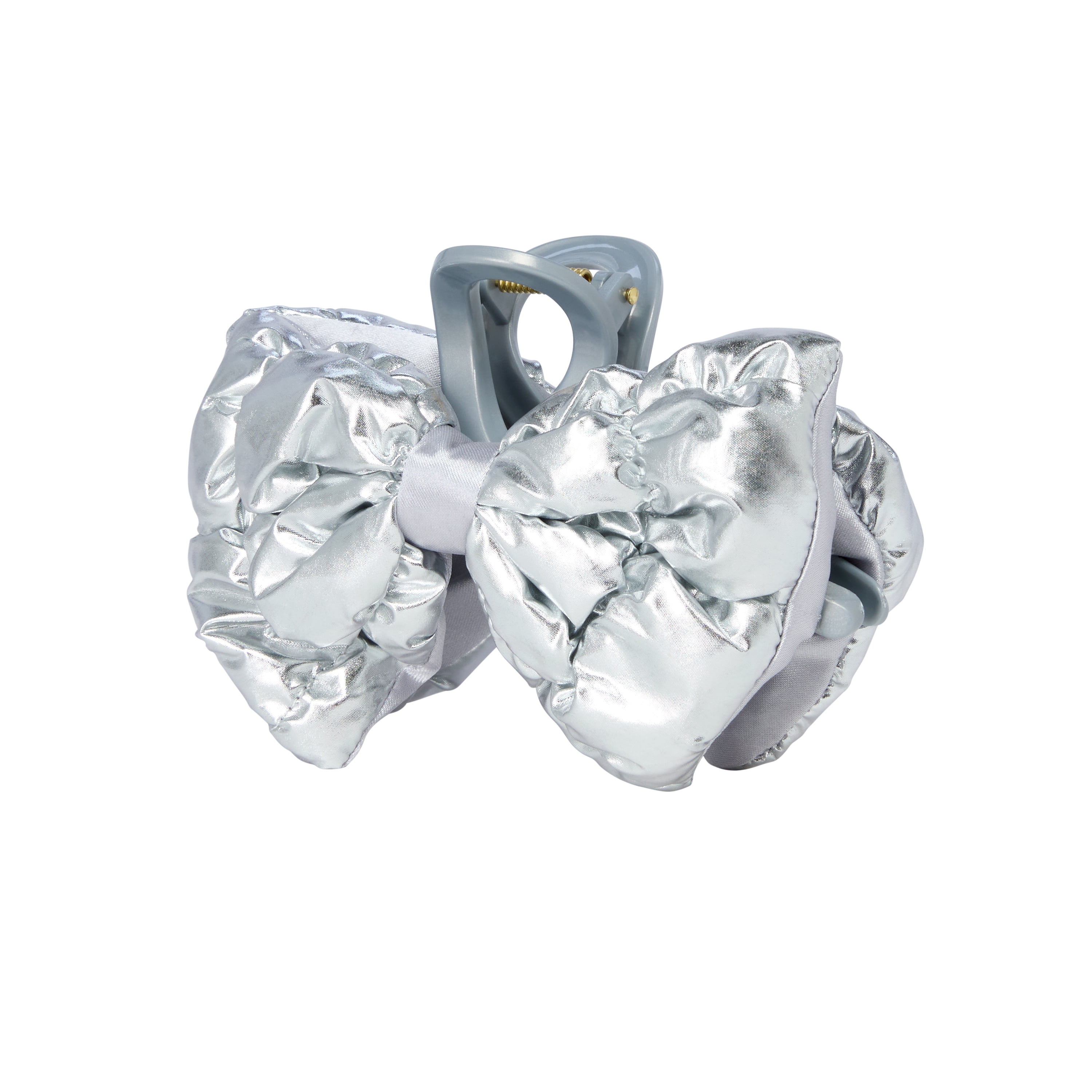 Goody Luxe Puffer Bow, Shimmery Silver, Quilted SlideProof Hair Claw Clip