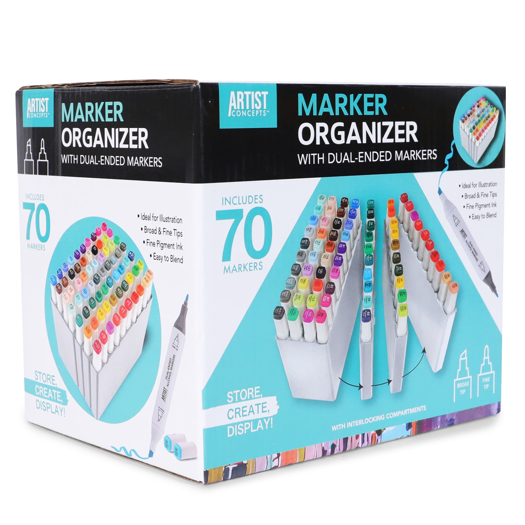 Artist Concepts Interlocking Marker Organizer with 70 Multicolor Dual-Ended Alcohol Markers, White