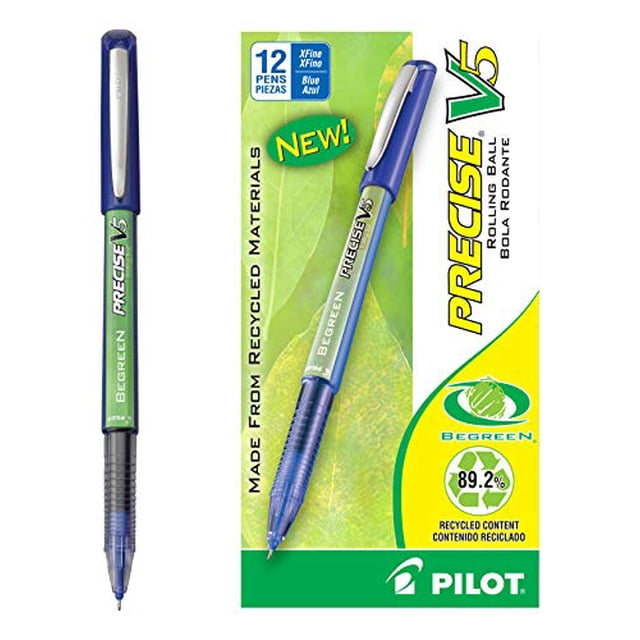 Pilot BeGreen Precise V5 Rolling Ball Pens Extra Fine Point Blue Ink Dozen Box (26301) Refillable Premium Comfort Grip, Skip-Free Lines, Made from Recycled Materials