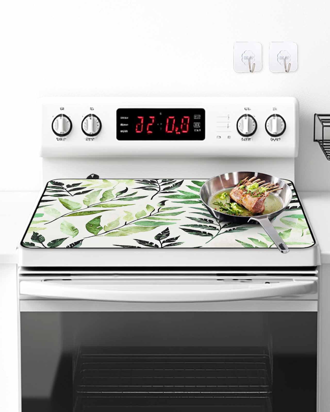 Watercolors Black Green Leaf Stove Top Covers for Electric Stove, 28'x20'' Plant Glass Ceramic Stove Cover Foldable Rubber Mat Heat Resistant Cooktop Protector for Kitchen