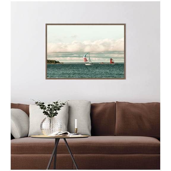 Kate and Laurel Framed Canvas Wall Art Print Sail 6869 by Alicia Bock, 33 x 23 Sylvie Walnut Frame, Coastal, Beach Art for Wall Decor