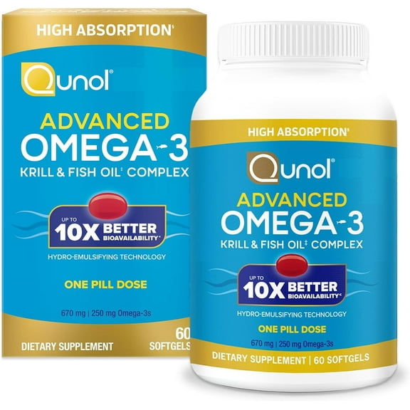 Qunol Advanced Omega 3 Krill and Fish Oil Complex, 10x Better Bioavailability, One Pill Dose, 250mg EPA & DHA, 60 Count