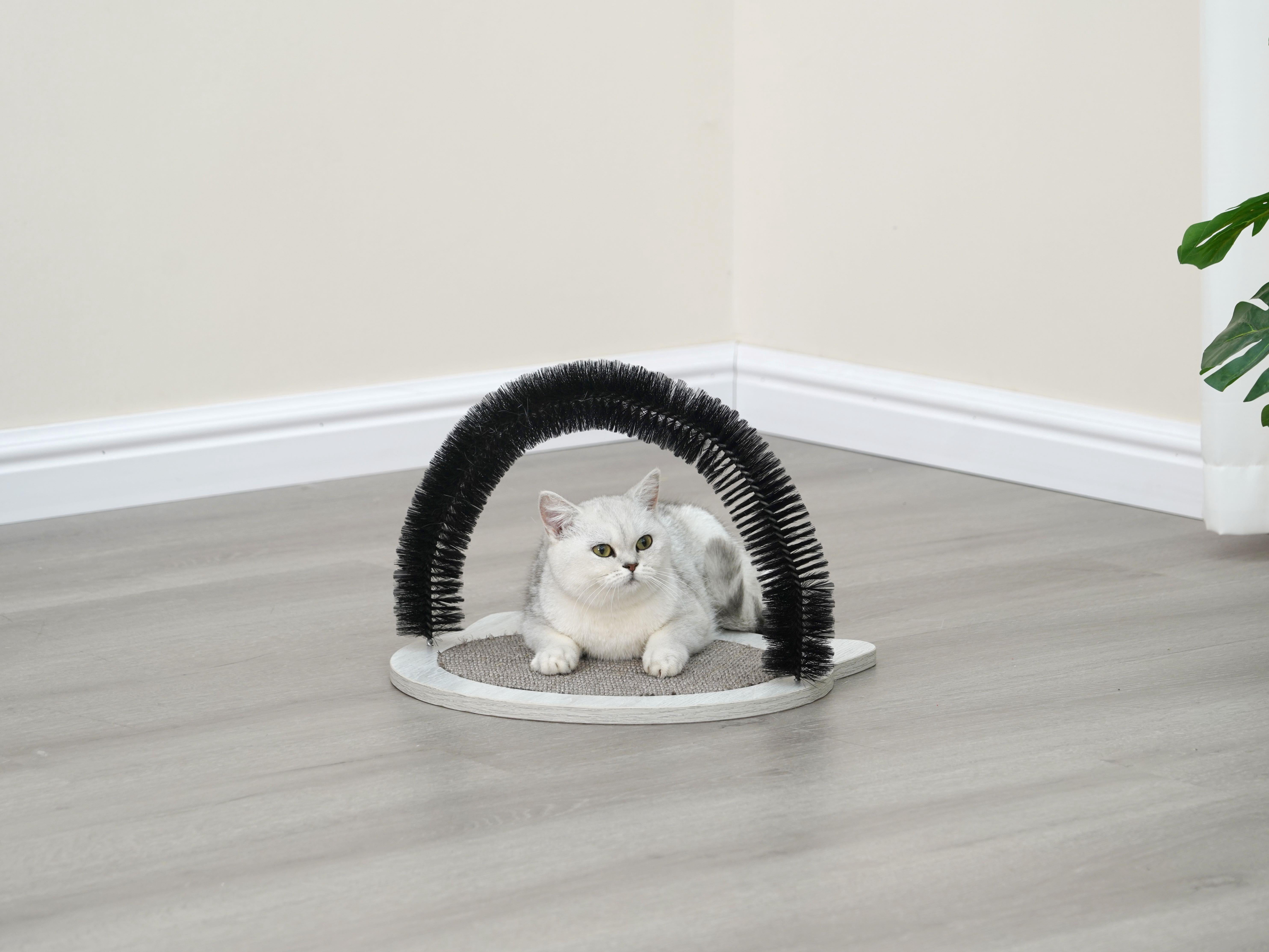 PetPals Nifty Grey Cat Brush, Grooming and cat massager with Scratching Pad, Size 14.5" x 14.5" x 14"