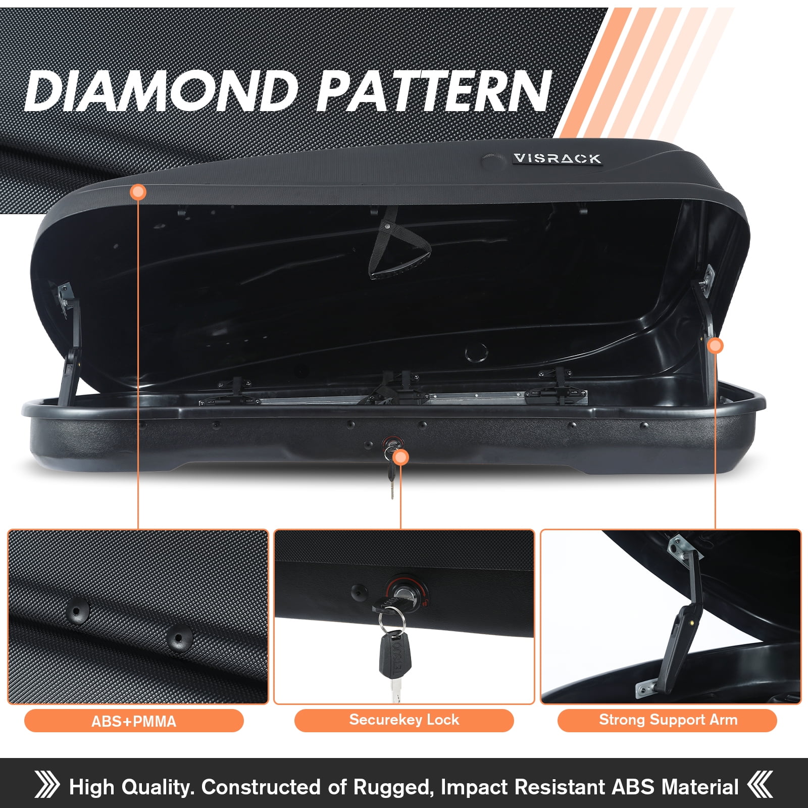 Heavy-Duty Rooftop Cargo Box, 3D Diamond Embossing Style Weather-Resistant Hard-Shell Roof Storage Box with Security Locks, 130 LBS Capacity, 13 Cubic Ft, 56" L x 30" W x 13.7" H, Black
