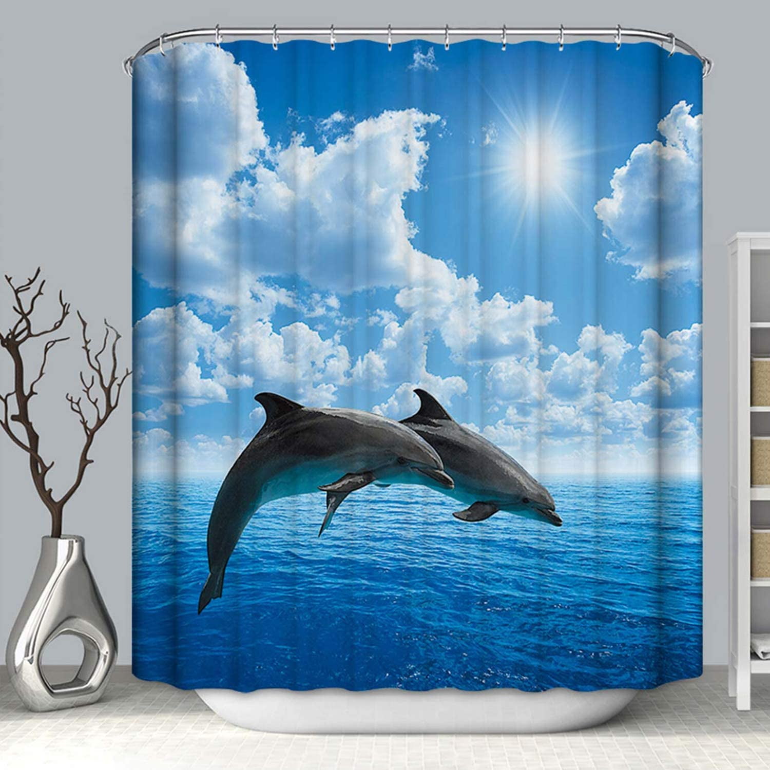 Oceanic Fish Dolphins Turtle Fabric Bathroom Waterproof Shower Curtain & 12 Hook 