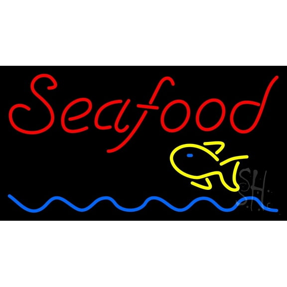 Red Seafood Fish Logo Waves LED Neon Sign 13 x 24 - inches, Clear Edge Cut Acrylic Backing, with Dimmer - Bright and Premium built indoor LED Neon Sign for restaurant window and interior decor.
