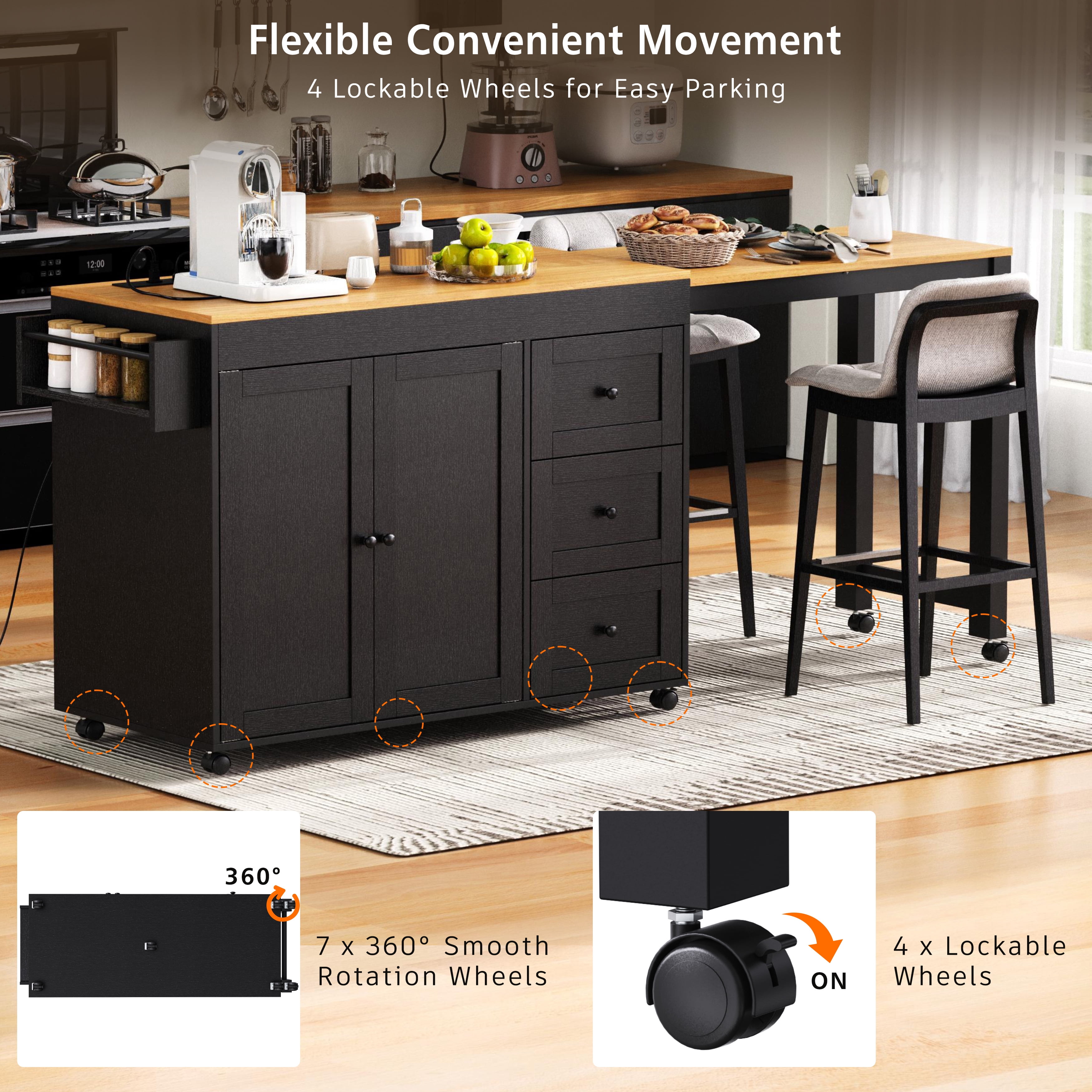 74.8-Inch Kitchen Island with Extendable Dining Table and Power Outlet, Rolling Kitchen Cart with 3 Drawers and Spice Rack for Kitchen, Black