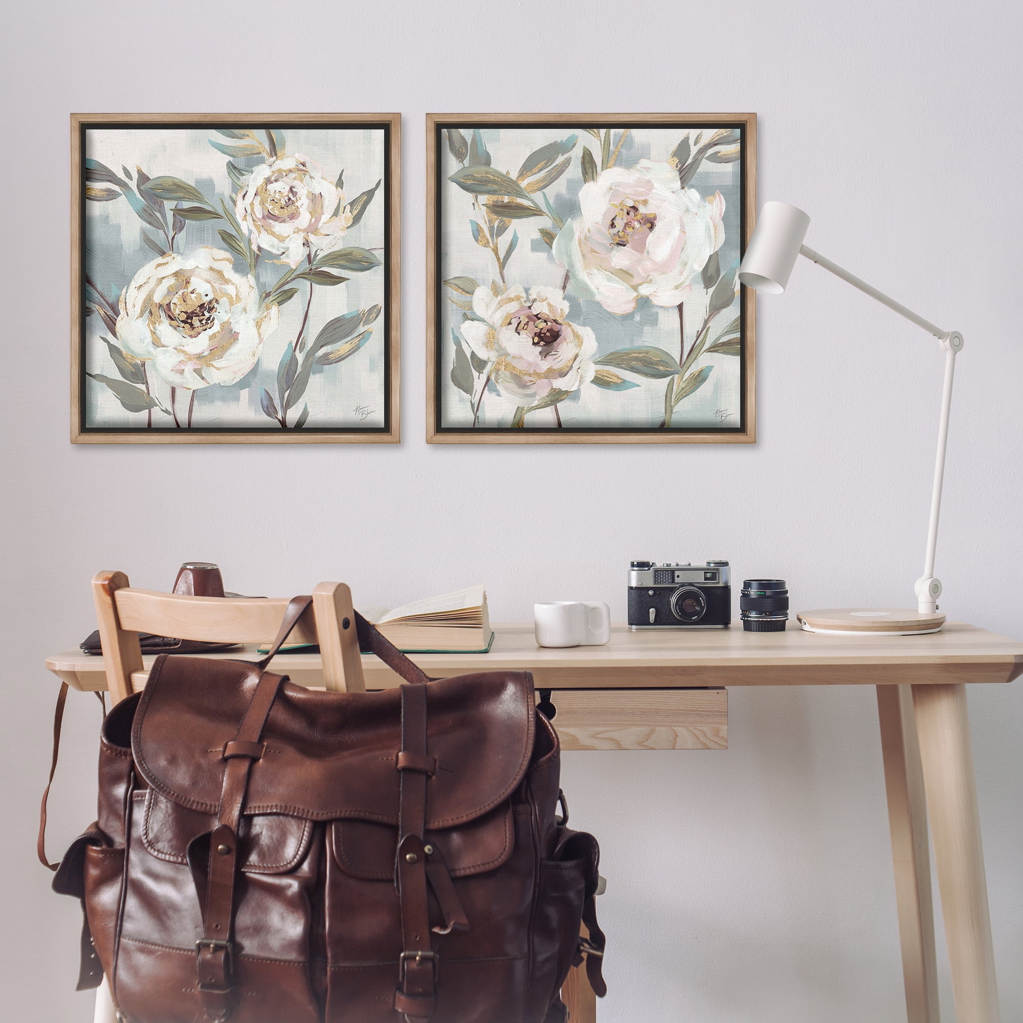 Stupell Industries Country Antique Blossoms Plants & Flowers Painting Brown Floater Framed Canvas Art Print Wall Art, 25 x 25, Set of 2