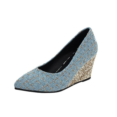 

Lhked Women Shoes Houndstooth Sequined Pointed Toe High Heel Thick Wedges Slip-on Fashion Casual& Blue
