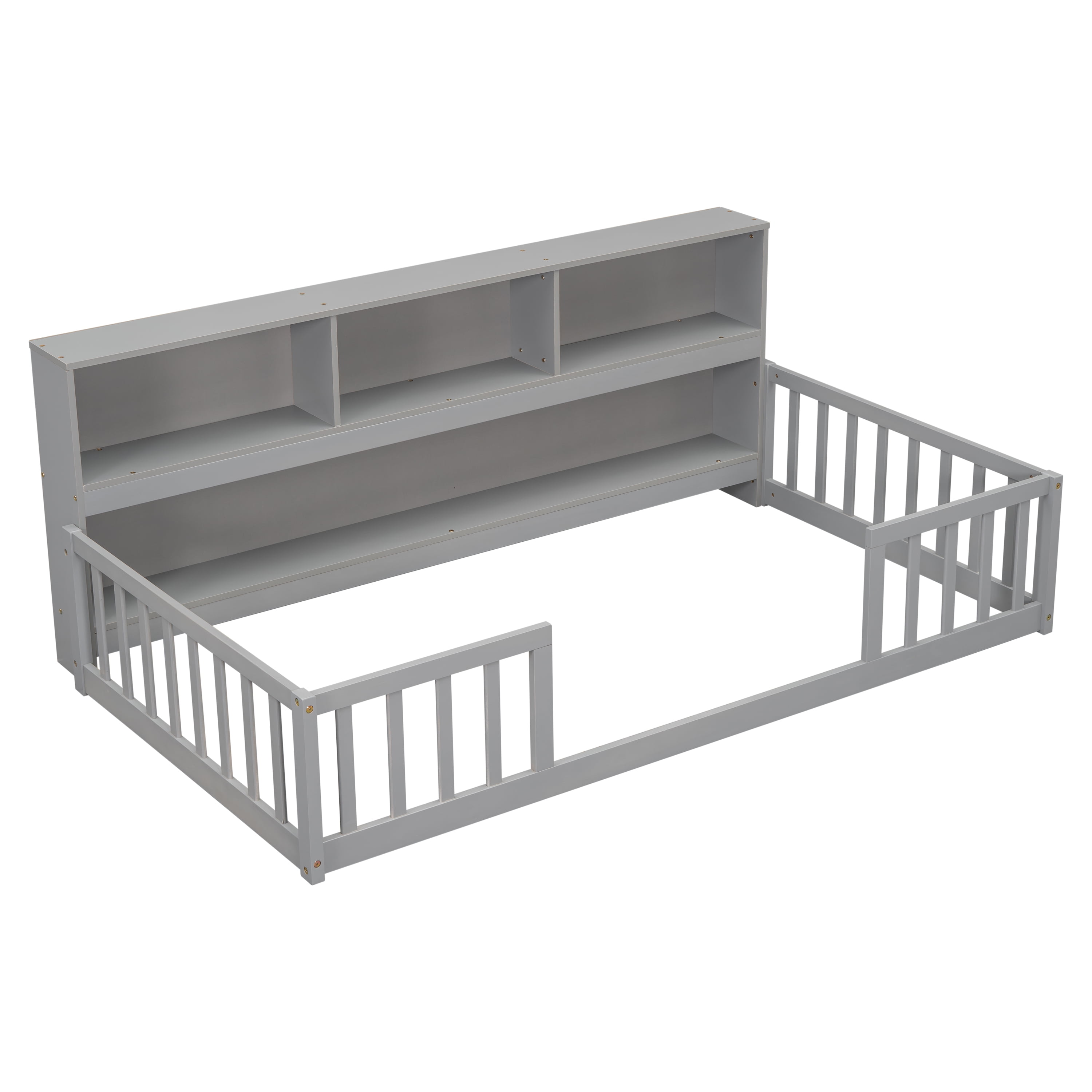 Yoneston Kids Twin Size Floor Bed Frame with Bedside Bookcase Storage Shelves and Guardrails for Toddlers Boys Girls Bedroom Furniture, Gray