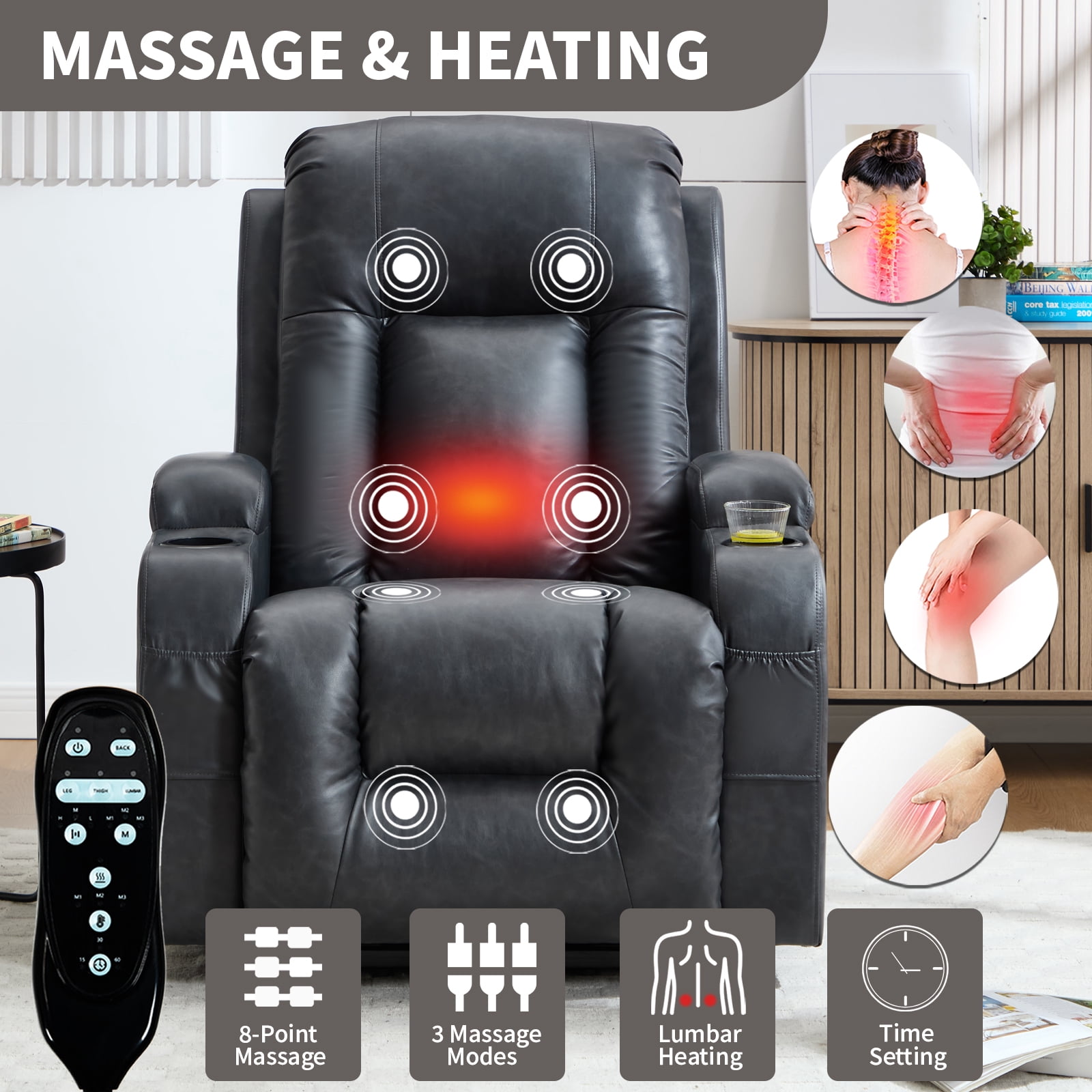 Power Lift Recliner Chair with Massage and Heat,Faux Leather Soft Chair with USB Charging&Cup Holders, Infinite Position Reclining,Heavy Duty 350 LBS Capacity