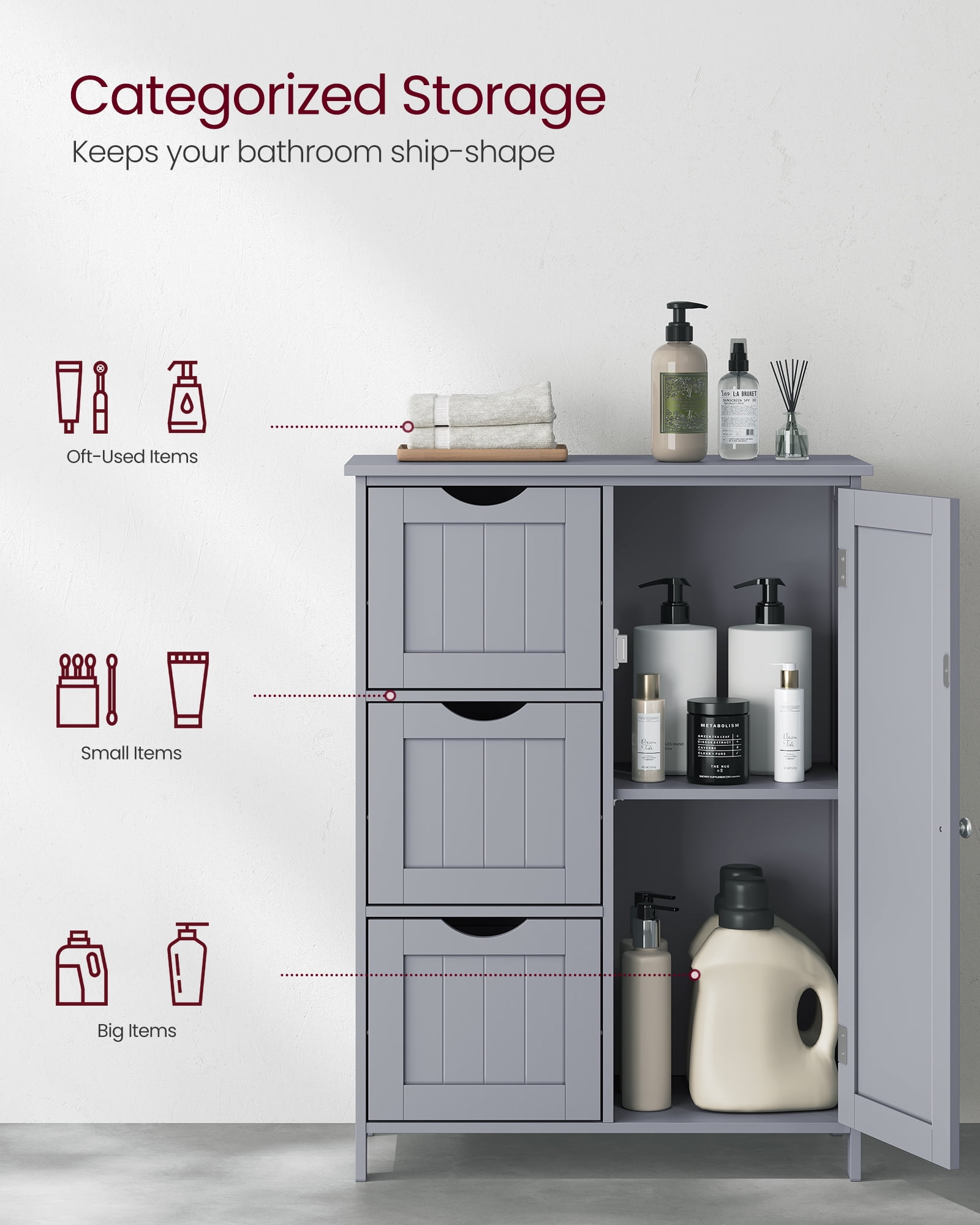 Floor Storage Cabinet, Freestanding Storage Unit with 3 Drawers, 1 Adjustable Shelf, Dove Gray