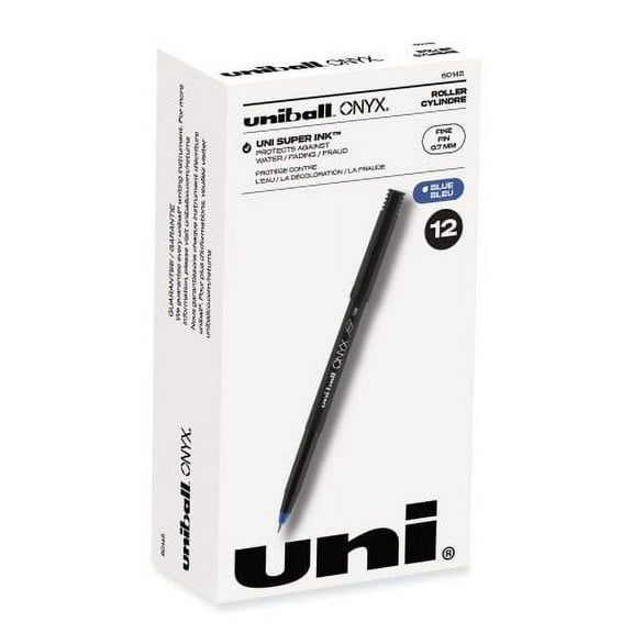 uni-ball ONYX Roller Ball Pen, Stick, Fine 0.7 mm, Blue Ink, Black Matte Barrel, Dozen (60145)