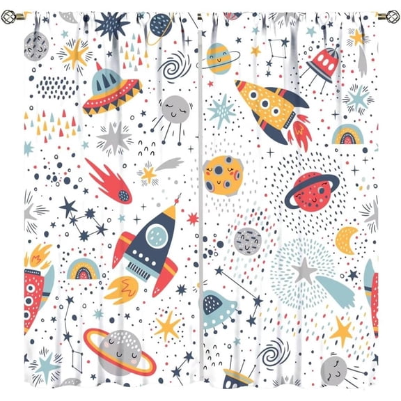 Kids Outer Space Rocket Curtains Cartoon Universe Galaxy Starry Sky Curtains Cosmos Curtains Boys Girls Study Room Bedroom Living Room Window Drapes 53"W x 84"L (Pack of 2)