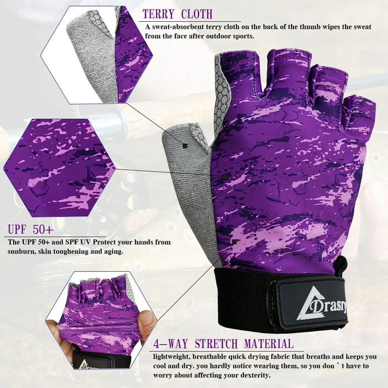 Drasry Fingerless UV Gloves Sun Protection UPF50+SPF for Fishing Kayaking  Sailing Glove Purple M 