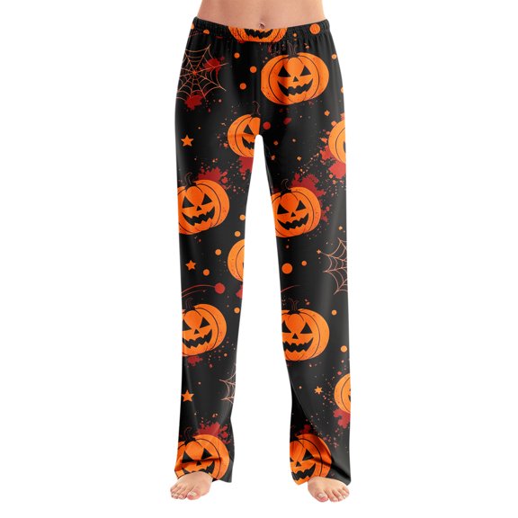 Womens Halloween Lounge Pants Loose Fit Sleep Pajama Bottoms Full Length Straight Leg Easy Wear Design Elastic Waist No Drawstring Comfy Home Bottoms Black L
