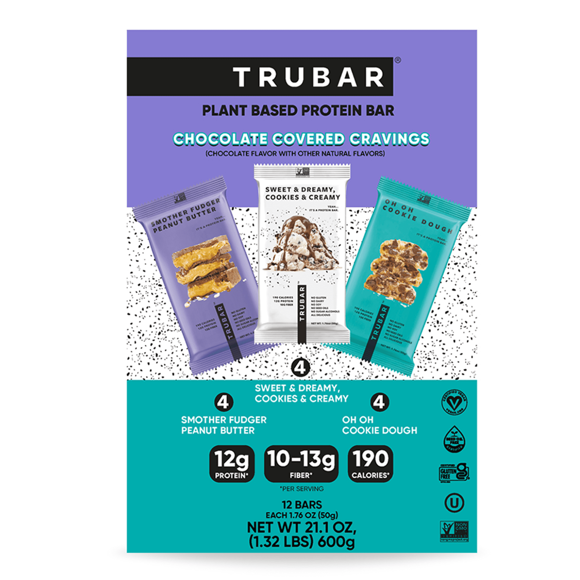 TRUBAR Protein Bar, Chocolate Covered Cravings Variety Pack, Plant Based Protein, Vegan, Gluten Free, Kosher, 12 Count