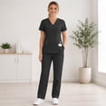 thumbnail image 6 of Scrubs For Women 2 Piece Set V Neck 2 Pocket Work Top & Straight Leg Pants Cozy Breathable Quick Drying Nurse Sets Black L, 6 of 6